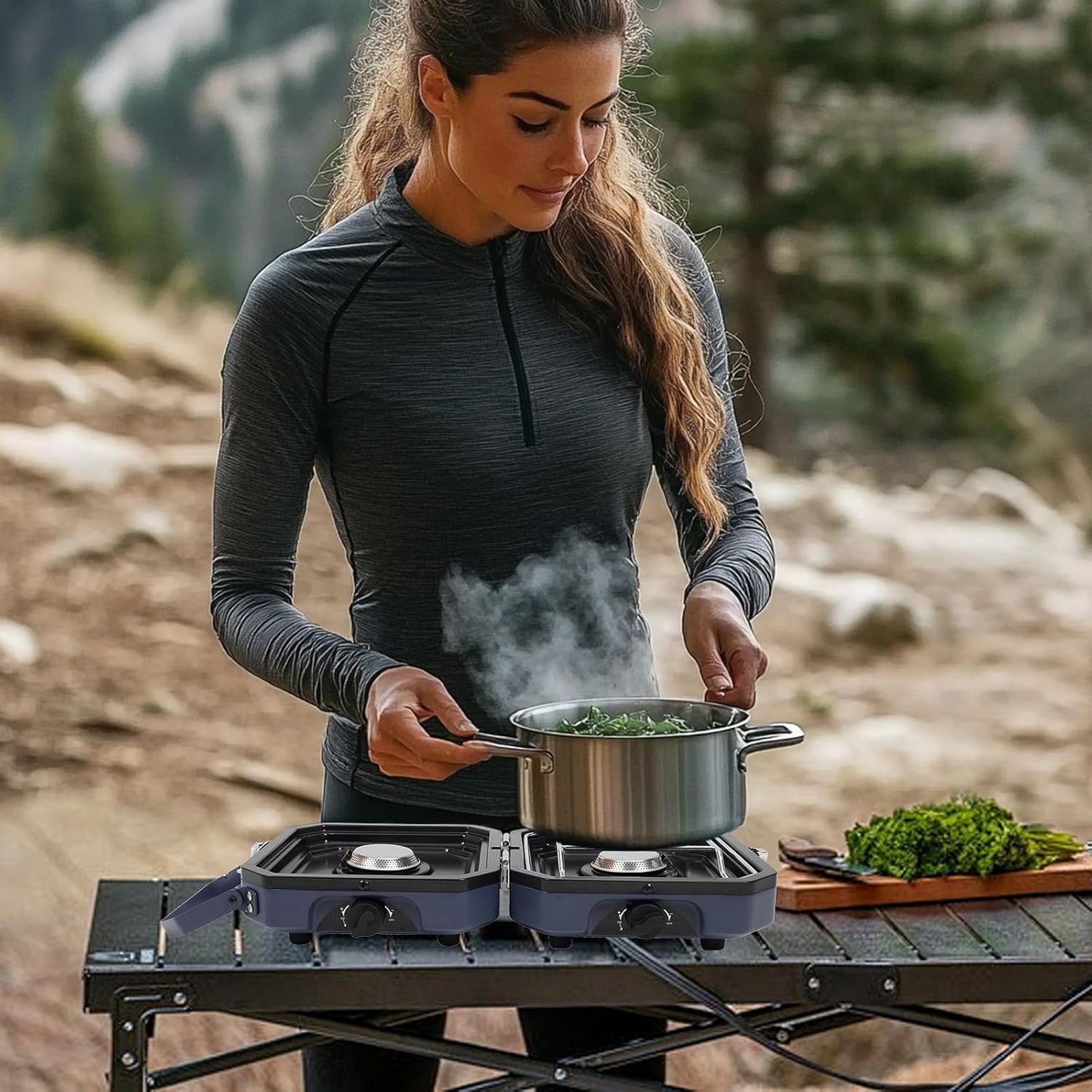 2-Burner Foldable Camping Stove with Griddle and Carrying Bag，16000 BTU Portable Propane Camp Stove with 2 Adjustable Burners & Piezo Ignition, for Camping, Home Backyard, Frying Turkey, Blue