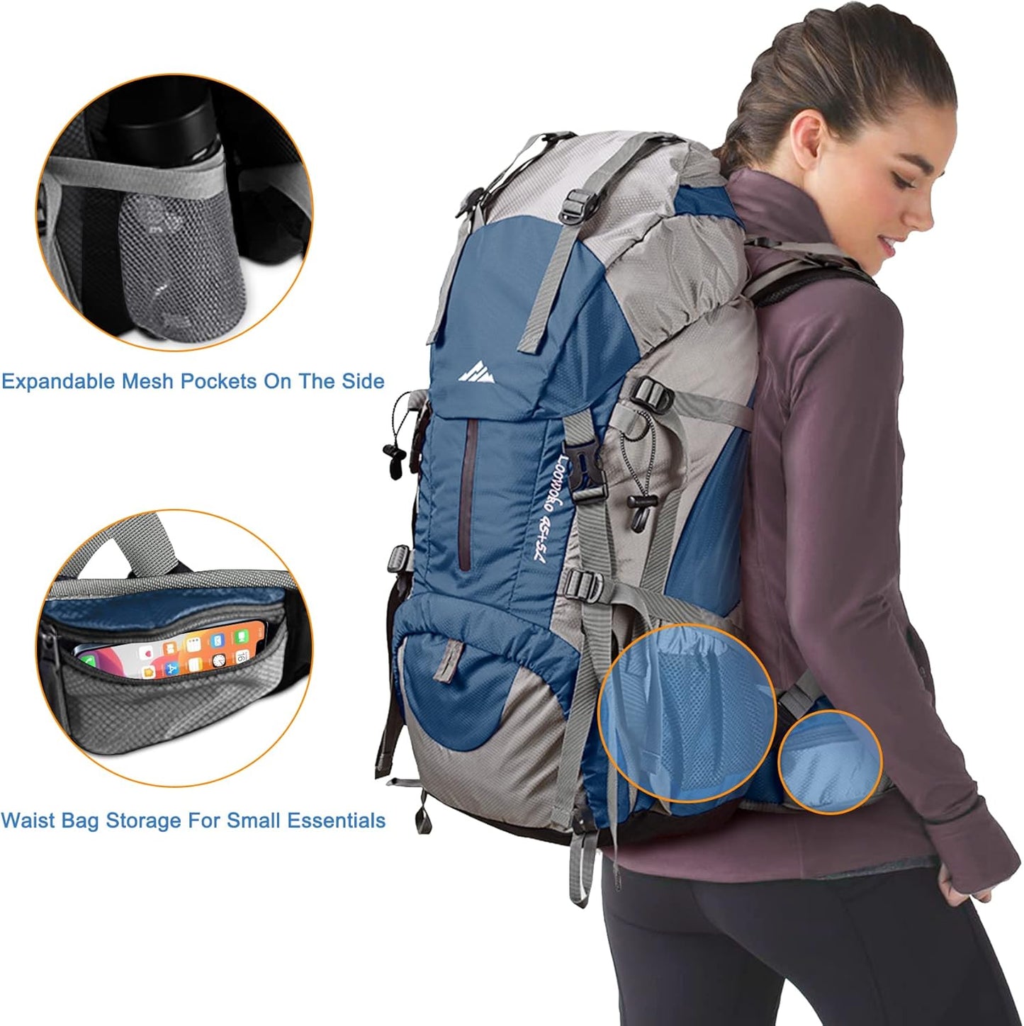 Loowoko 50L Hiking Backpack, Waterproof Camping Essentials Bag with Rain Cover, 45+5 Liter Lightweight Backpacking Back Pack