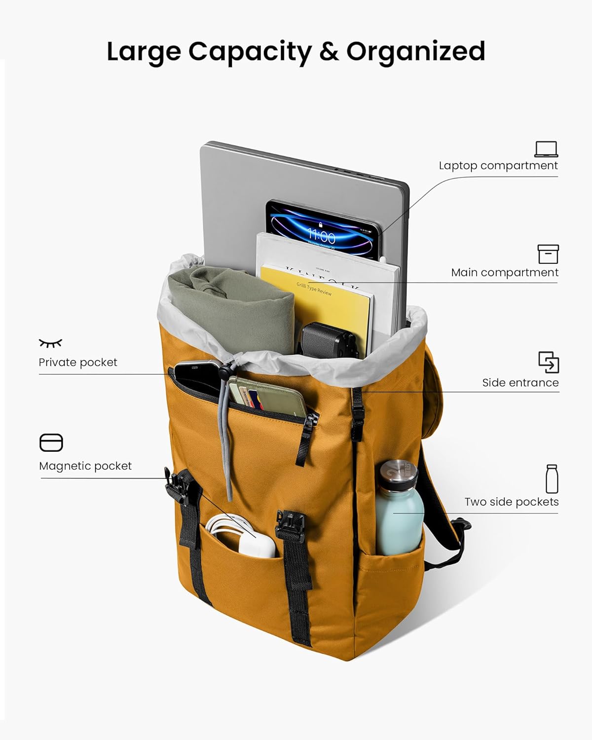 tomtoc Flap Laptop Backpack, Lightweight, Water-Resistant Casual Daypack, Durable Work-pack, Vintage Classic Rucksack for 13-15.6 Inch Laptop, perfect for Campus, Street, 22L Yellow