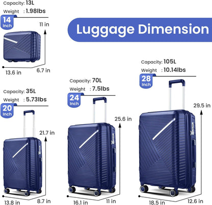 Campfun Luggage 4 Piece Sets, Expandable Carry On Luggage Set Hardshell PP, Suitcase Set with Double Spinner Wheels, Checked Durable Lightweight with TSA Lock, 14in 20in 24in 28in-Blue(B)