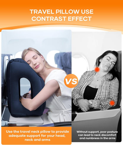 Sunany Travel Pillow, Upgraded Plane Pillow for Long Flights, Inflatable Neck Pillow Used for Airplanes,Cars,Buses,Trains,Office Napping with Eye Mask,Earplugs (Blue)