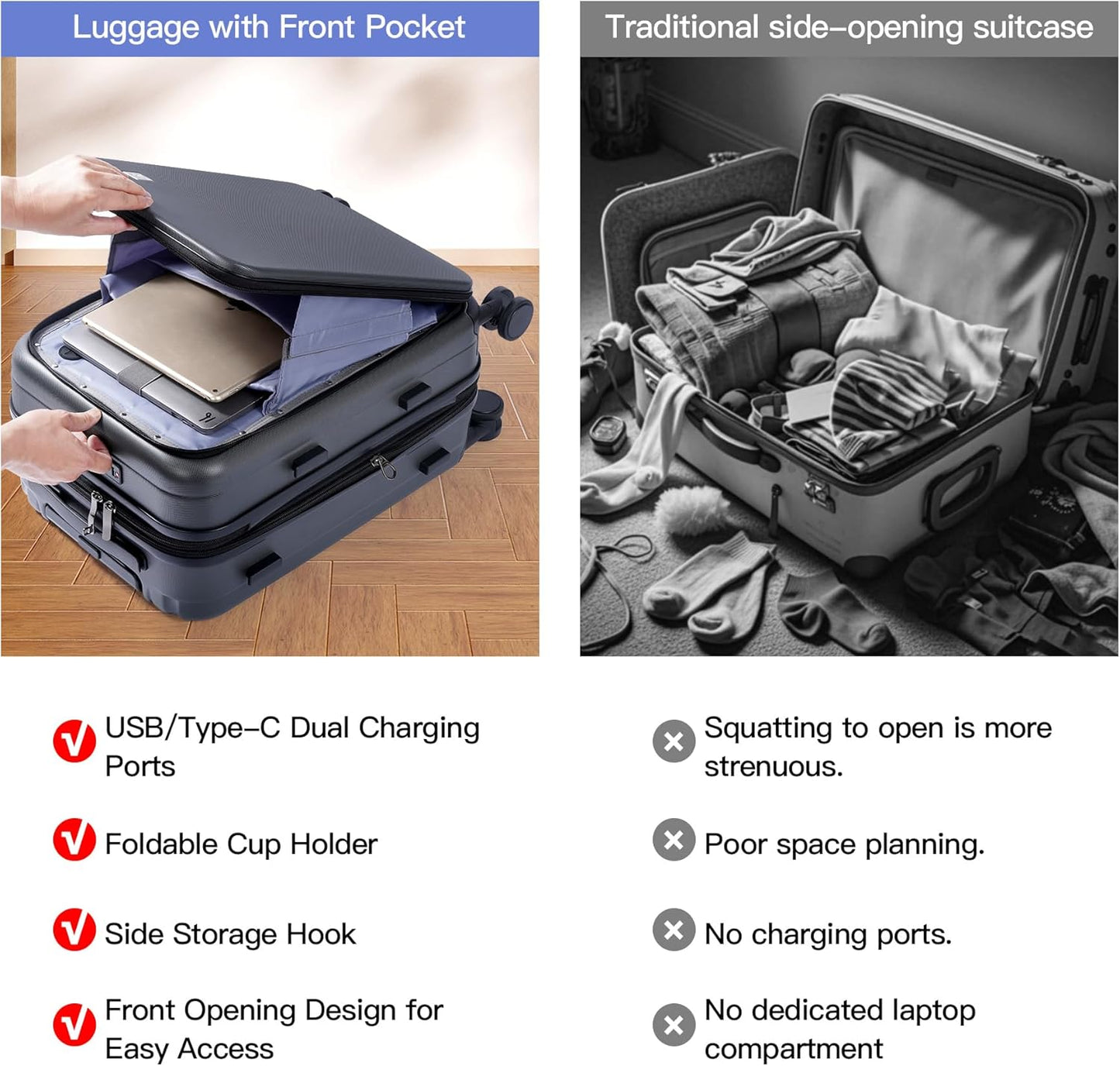 BISON DENIM 20 Inch Carry On Luggage, PC Lightweight Hardside Expandable Carry-On Luggage Airline Approved With Spinner Wheels, Front Compartment, Cup Holde, TSA-approved Lock, USB Port, Dark Grey