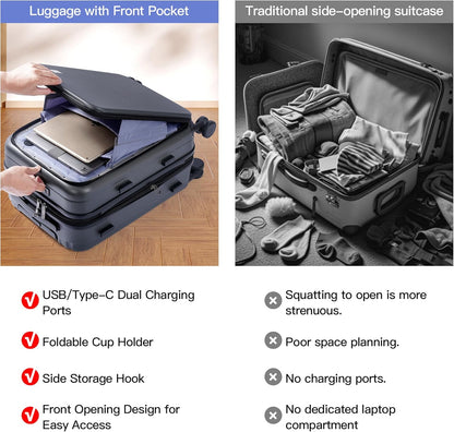 BISON DENIM 20 Inch Carry On Luggage, PC Lightweight Hardside Expandable Carry-On Luggage Airline Approved With Spinner Wheels, Front Compartment, Cup Holde, TSA-approved Lock, USB Port, Dark Grey