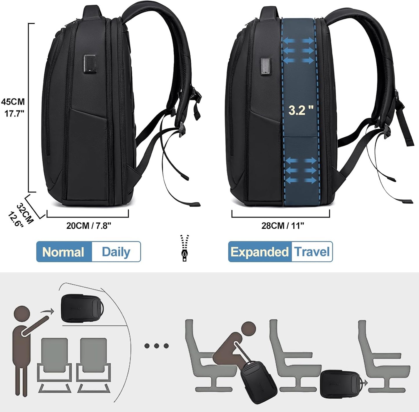 FENRUIEN Expandable Travel Backpack 15.6 Inch, Water Resistant Backpack with USB Charging Port, Black Laptop Bag for Work/Commuter/College
