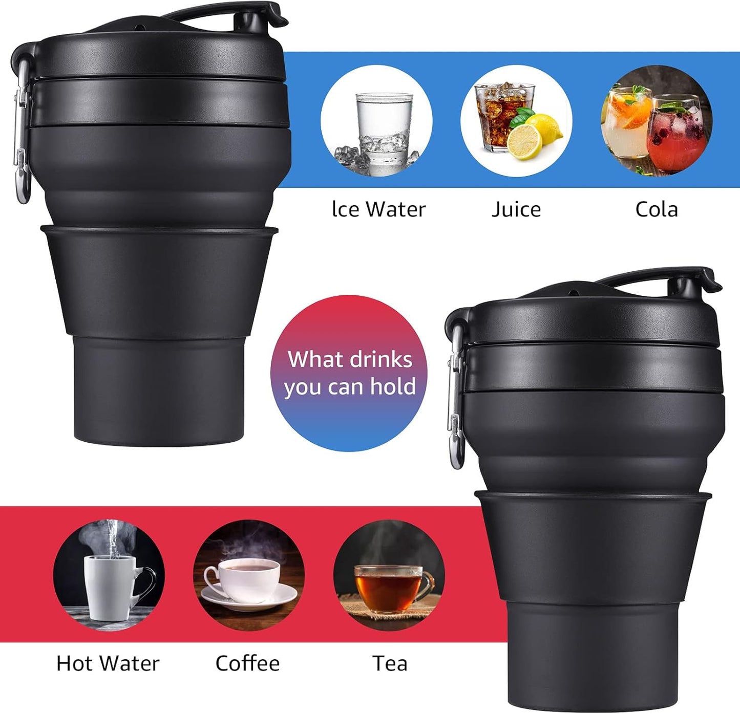 Collapsible Coffee Cup, 16 OZ 480ml Silicone Travel Folding Cup, Leak Proof BPA Free Portable Cup, Travel mug with Lids for Camping hiking (16OZ)