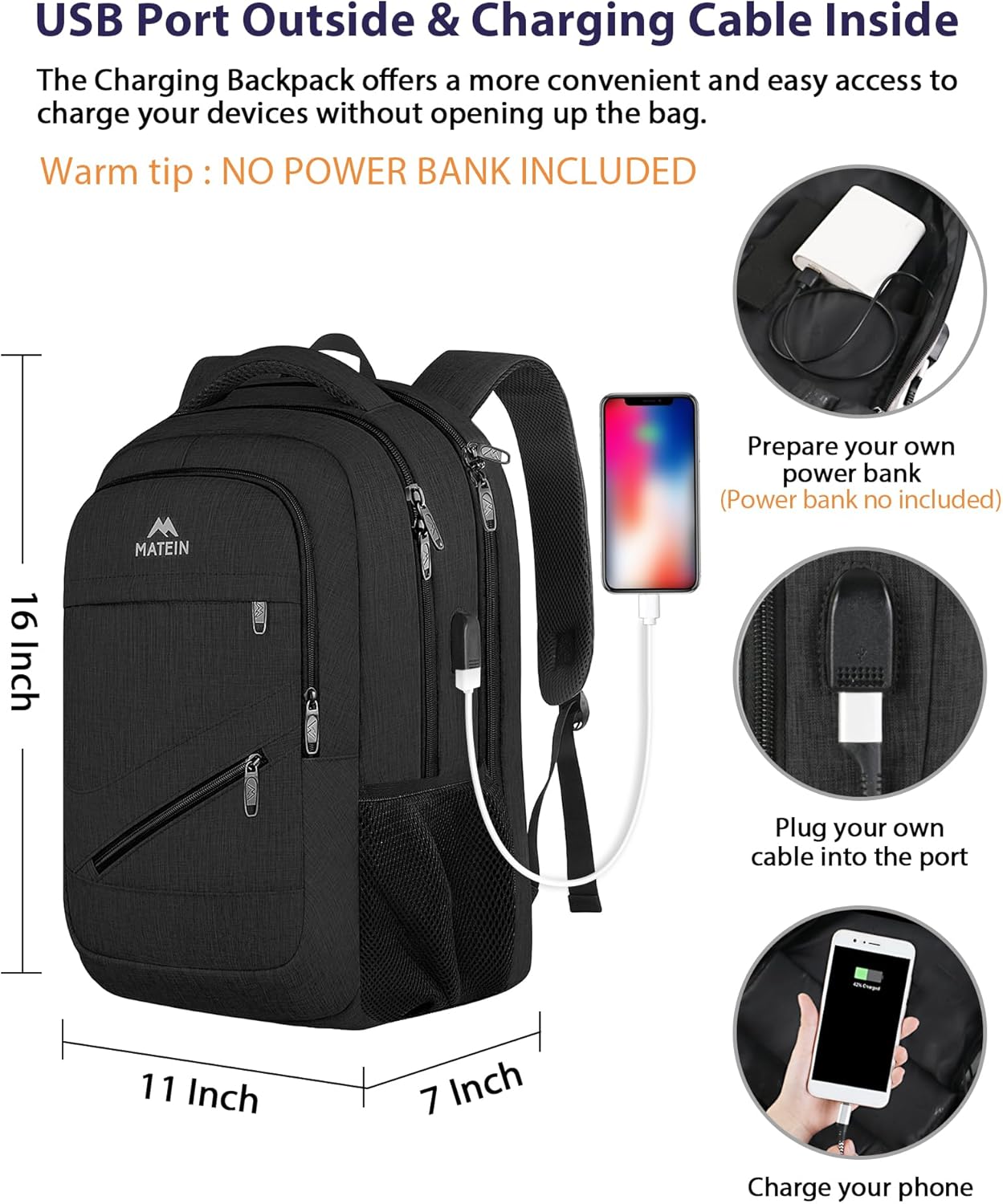 MATEIN 15.6 Inch College Backpack, 20 L Airline Approved Laptop Computer Backpack with Multiple Organization Pockets, Water Resistant Personal Item Casual backpack for Men Women, Black