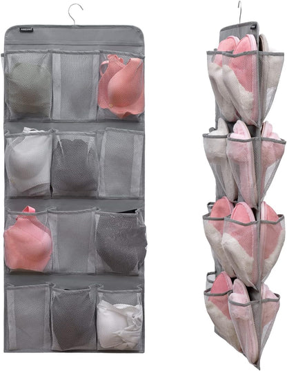 Dual Sided Hanging Shoe Organizer for Closet with Rotating Hanger Hanging Shoe Rack Holder with 24 Large Pockets (Grey-Mesh Pockets)