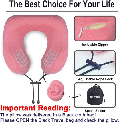 napfun Neck Pillow for Traveling, Upgraded Travel Neck Pillow for Airplane 100% Pure Memory Foam Travel Pillow for Flight Headrest Sleep, Portable Plane Accessories, Rose