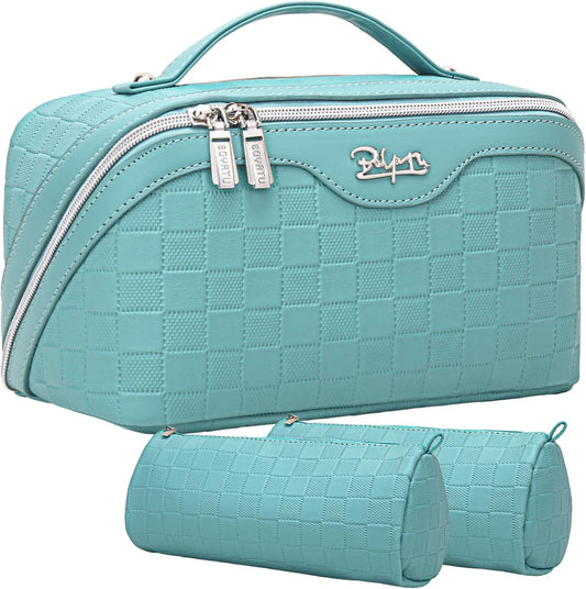 BOYATU Travel Makeup Bag Organizer Cosmetic Bag: 3 Pcs Set Make up Bags for Women with Handle - Waterproof Vegan Leather Toiletry Bags with Comparments (C-03-Blue)
