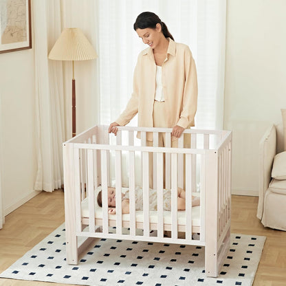 EvoNest Baby Crib, 6 in 1 Convertible Mini Crib with Wheels, 100% New Zealand Wood Growing Bed, 4 Adjustable Mattress Height， Washed Natural