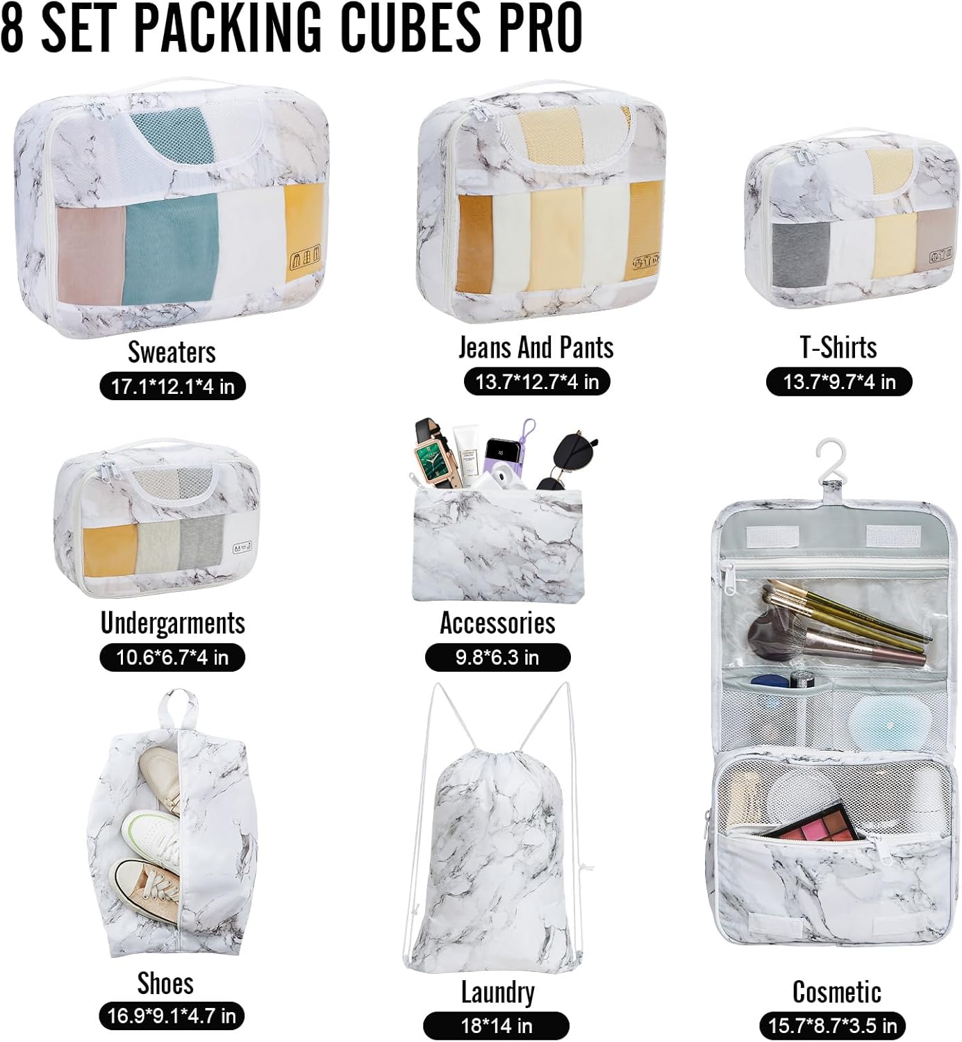 Veken 8 Set Packing Cubes for Travel Essentials, Suitcase Organizer Bags in 4 Sizes, Carry-On Luggage Accessories with Large Laundry & Hanging Toiletry Bag, Must-Have for Airplane, Road Trip & Camping