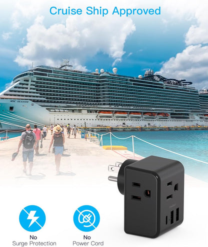 Multi Plug Outlet Extender, Power Strip Non Surge Protector Electric Outlet Splitter with 3 USB Wall Charger (1 USB C), Multiple Outlet Expander for Cruise, Dorm, Travel, Home, Black