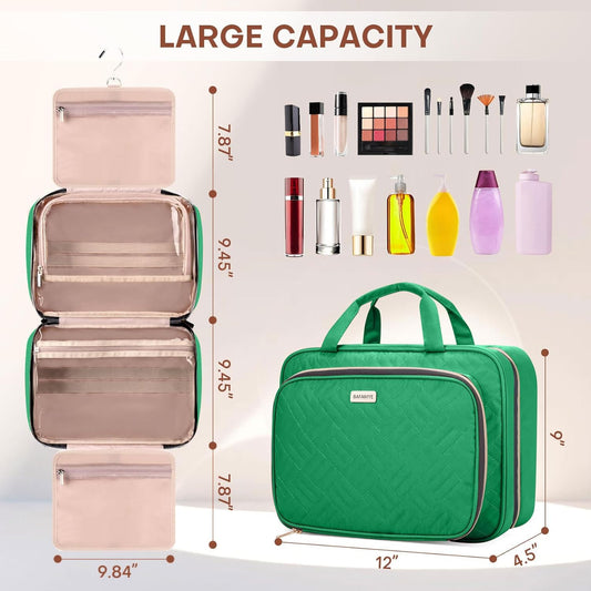 Toiletry Bag for Women with Jewelry Organizer Compartment, Travel Makeup Cosmetic Bag with Hanging Hook for Full-sized Toiletries, Shampoo - Green