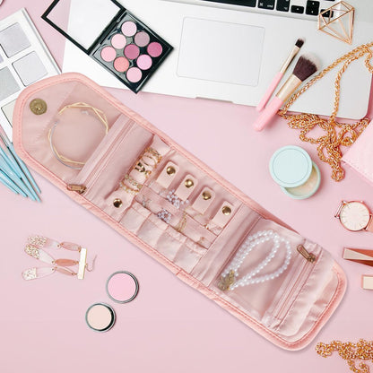 emissary Small Jewelry Travel Case Organizer for Necklace, Earrings, Rings, Bracelet, Jewelry Storage, Earring Storage, Necklace Storage, Valentines Day Gifts Pouch Bag Accessories for Travel (Pink)