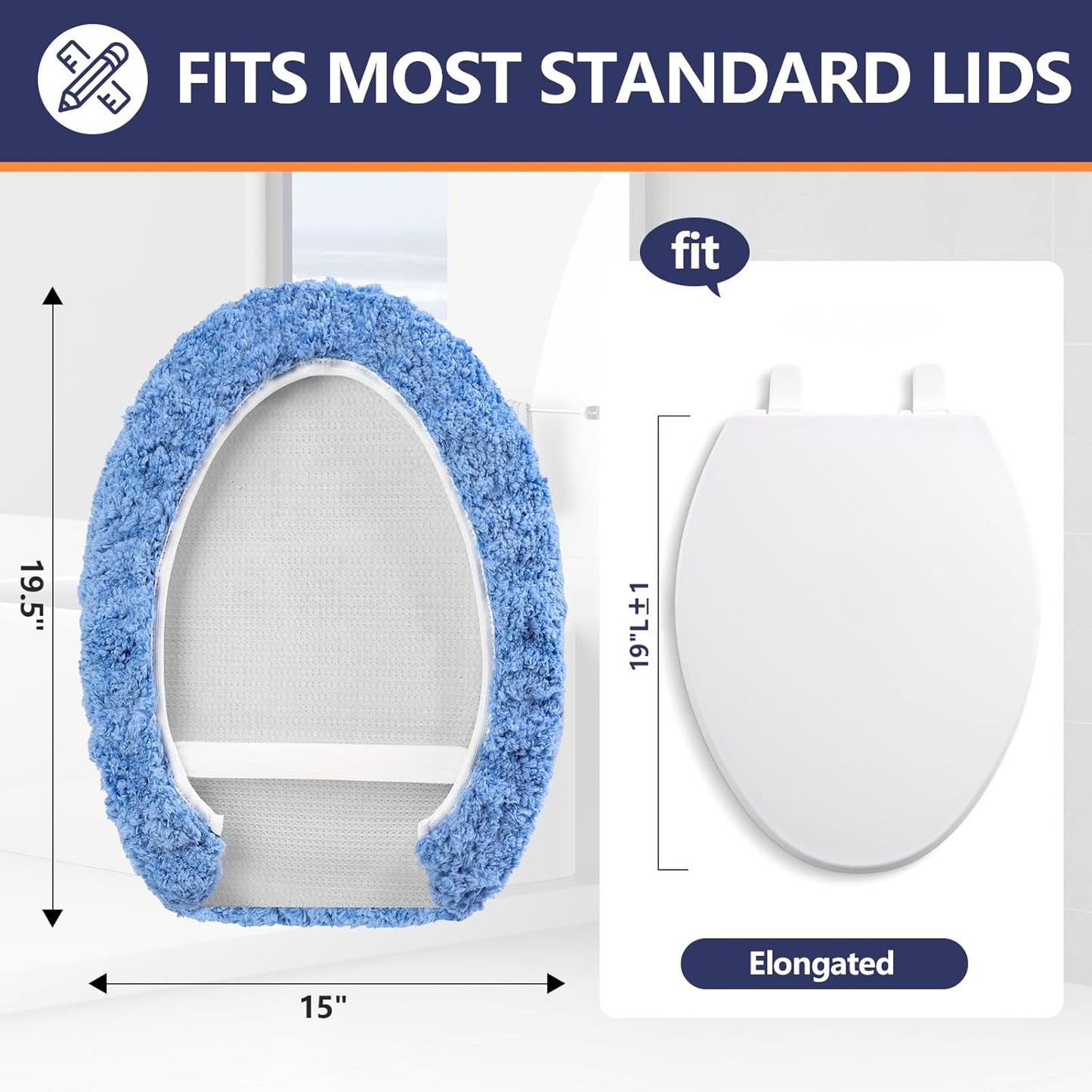 Microfiber Elongated Toilet Seat Cover 19.5"x 15" Machine Washable Solid Toilet Lid Cover Adjustable Rubber Backing Fits Most 18-19.5" L x 14-16" W Elongated Toilet Seat