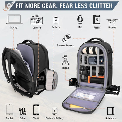 RAINSMORE Camera Backpack Hard Shell for DSLR/SLR Waterproof Camera Bag with Laptop Compartment 15.6 Inch Professional Camera Case with Rain Cover Photography Backpack Bag with Camera Lens Case Black