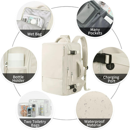 Hanples Large Travel Backpack for Women, 35L Carry on Luggage Backpack, College Laptop Backpack Airline Approved Business Work Bag Fits 17 Inch Computer for Men with 2 Toiletry Bags (Beige)
