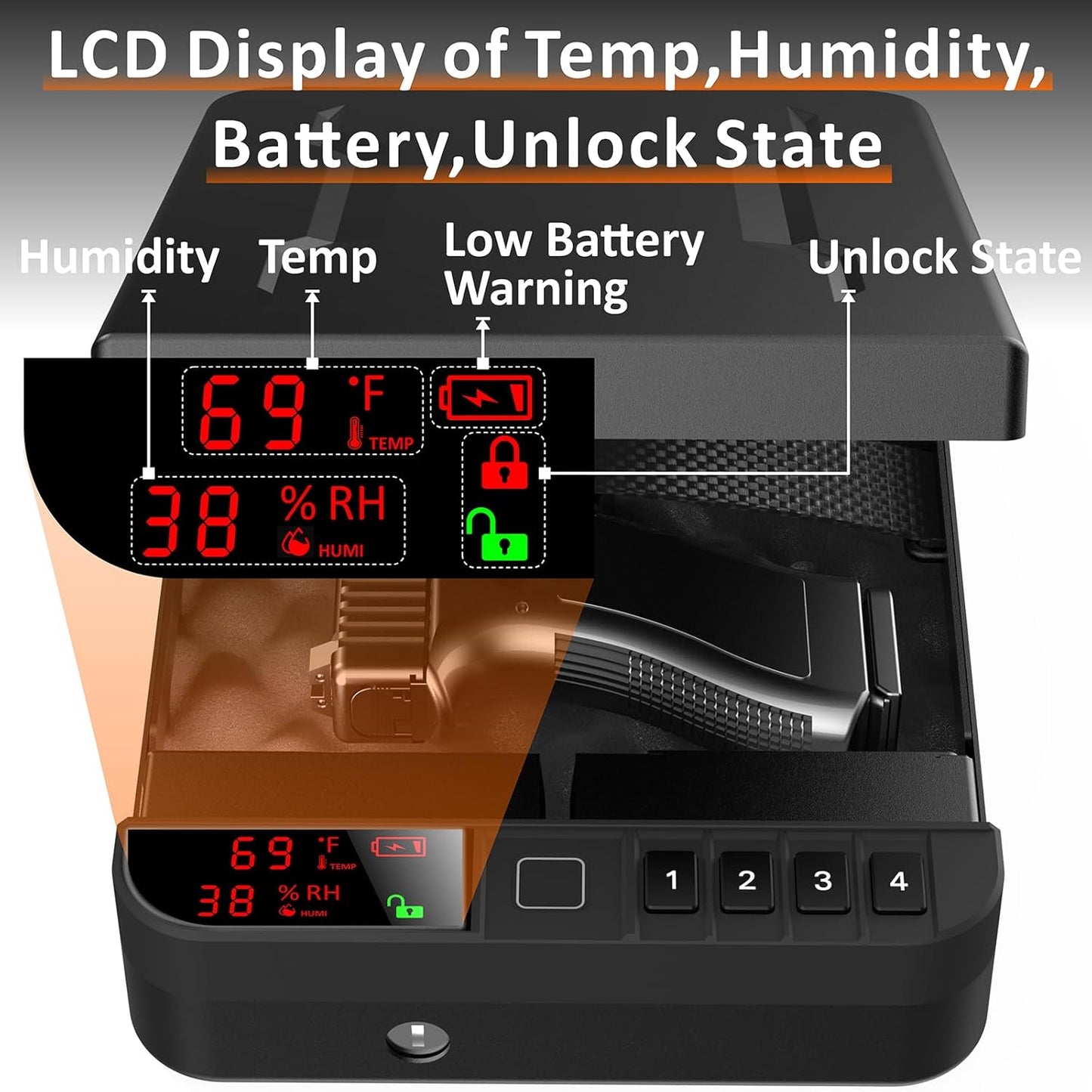 Portable Gun Pistol Safe with LCD Display of Temp,Humidity,Biometric Fingerprint,Keypad Lock,Key,Biometric Handgun Safe for Travel/Home/Car/Nightstand Beside (Black)