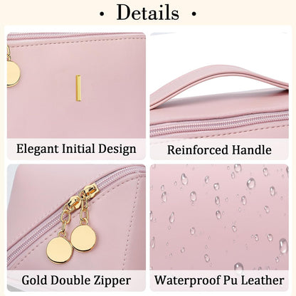 Birthday Gifts for Women Teen Girl, Personalized Initial Makeup Organizer Bag Set, Open Flat Travel Cosmetic Bag With Clear Divider and Handle(Pink,I)