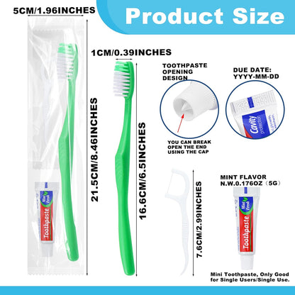 Disposable Toothbrushes with Toothpaste and Floss,200Pcs Green Single Use Individually Wrapped Disposable Travel Toothbrushes and Dental Floss Kit Bulk for Homeless,Airbnb,Hotel,Dentist