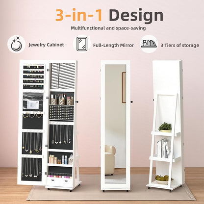 RQZ 360° Rotating Jewelry Organizer with Lights, 8 LEDs Jewelry Cabinet Armoire Standing, Lockable Jewelry Storage with Full-Length Mirror, 4 Storage Shelves, Interior Mirror(65.35" H)