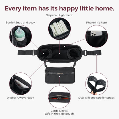 Momcozy Universal Stroller Organizer | Minimalist Caddy with 2 Insulated Bottle Holder | Silicone Anti-Slip Straps | Detachable Mini Pouch | Durable Dense-Weave, Fits for UPPAbaby/Doona & More