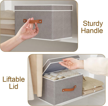 Collapsible Storage Bins with Lids, Linen Foldable Cloth Baskets, 17.7 x 11.8 x 11.8 Inch Closet Organizer Containers with Double Handles, Sweater Boxes for Bedroom, Grey, 5 Pack