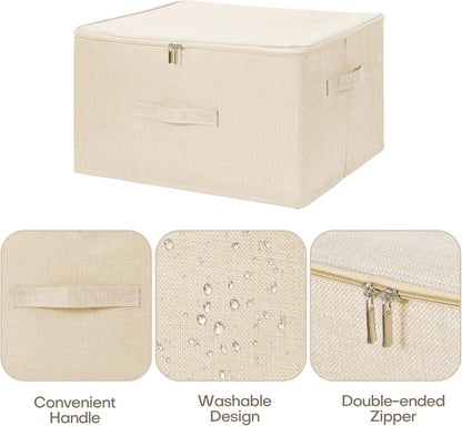 ANMINY Storage Bins with Zipper Lids 51.9 Qt Lidded Fabric Storage Boxes Baskets Cubes with Handles Collapsible Washable Cotton Linen Closet Shelf Clothes Organizer - Beige, Extra Large