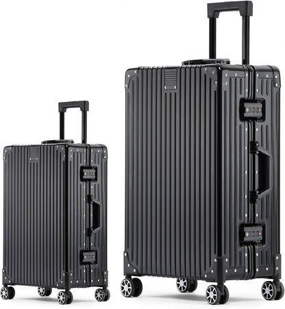 Metal All Aluminum Carry-on Luggage TSA Customs Lock Zipperless Silent Rotary Wheel Business Suitcase Aluminum Frame Set (black, 2Piece(20/28))