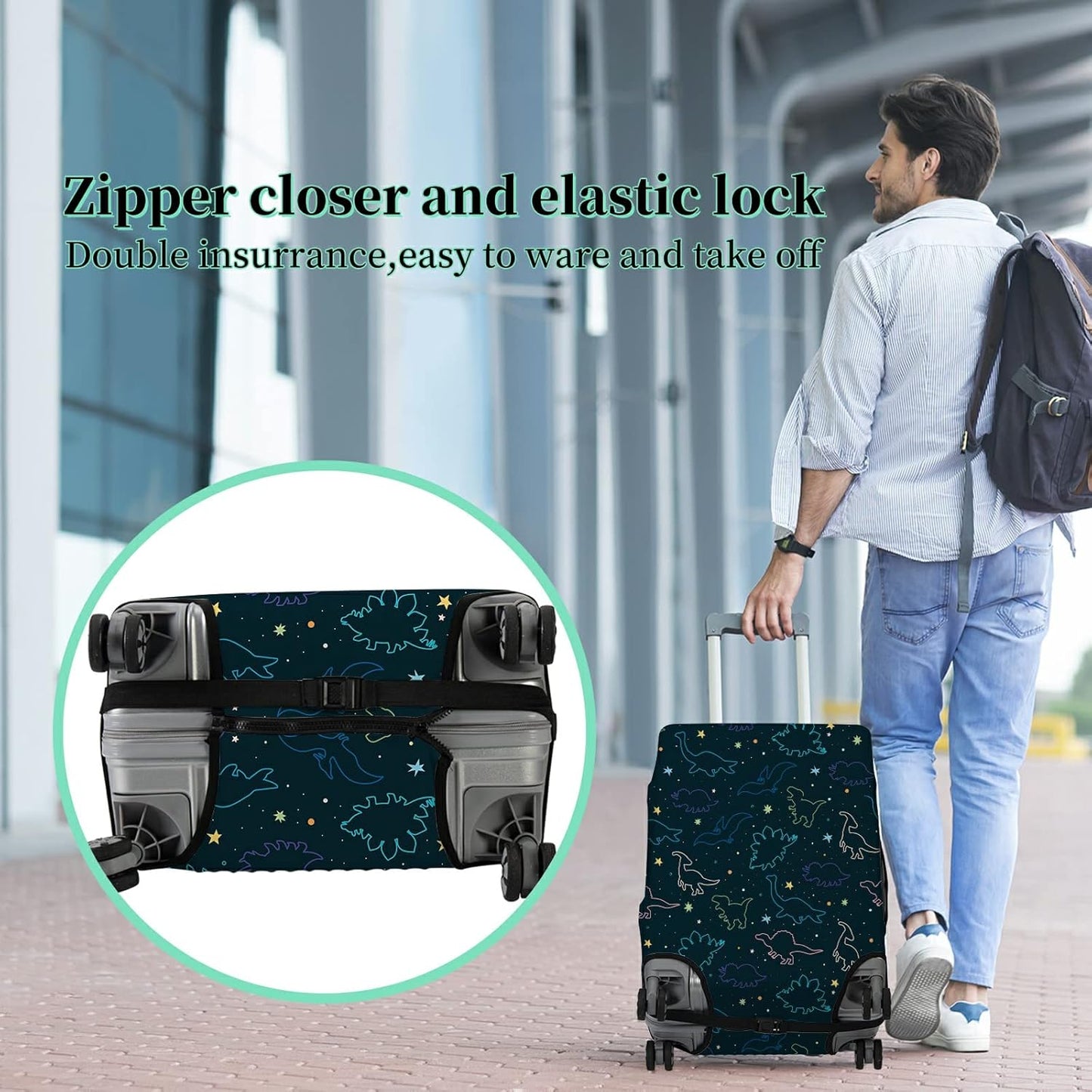 Luggage Cover Suitcase Protector Plus 1 Tag, Dinosaurs Space Travel Suitcase Cover for 18-20 inch Luggage (S) with Concealed Zipper Washable Elastic Cloth Dustproof Anti-Scratch