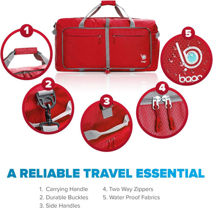 Bago Big XXL Foldable Duffel Bags for Traveling Women & Men - 140L Packable Duffle Bag for Travel with Shoe Compartment - Water Repellant, Heavy Duty, Lightweight Folding & Collapsible (Red)