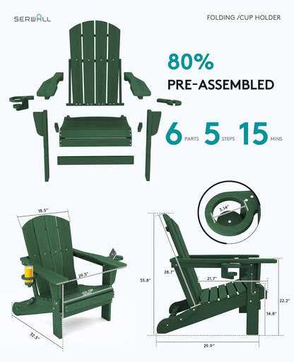SERWALL Adirondack Chair with Cup Holders - Composite Adirondack Chairs Set of 8 HDPE Outdoor Chairs All Weather Use- Green