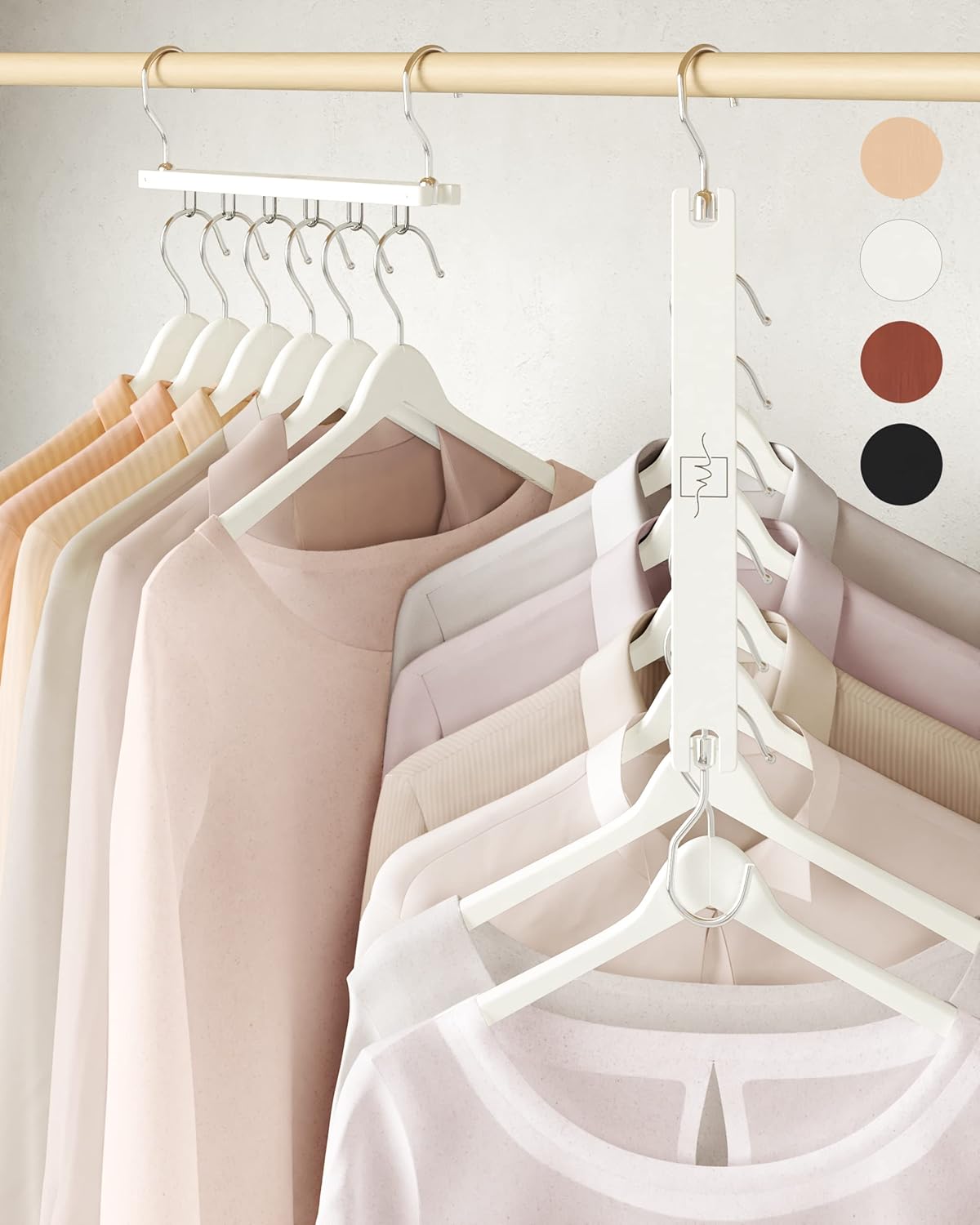 MORALVE Space Saving Hangers for Closet – 4 Pack European Beechwood 6-Tier Shirt Organizer with 360° Swivel Hook – Collapsible Clothes Hanger for Closet Organization (Hangers Not Included)