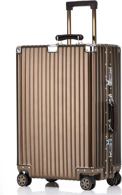 HotWay 28 Inch All Aluminum Checked in Luggage with Leather Handle, Hard Shell Zipperless Suitcase with TSA Locks and Spinner Wheels, Large Luggage for Business Travel, Gold