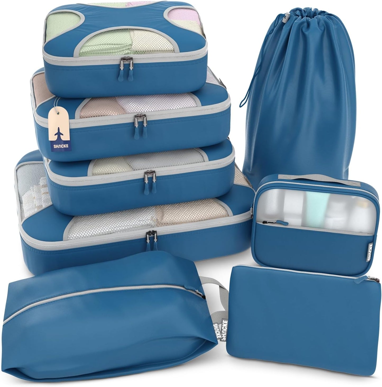 Shacke Premium 8 Packing Cubes Set - Lightweight Mesh Travel Luggage Organizers with Laundry Bag, 8-Piece Suitcase Storage System (Navy)