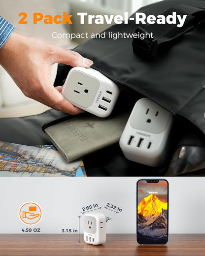 TESSAN Brazil Plug Adapter 2 Pack, 7 in 1 US to Brazil Power Adapter with 3 USB Ports (1 USB-C Port) 4 American Outlets, Type N Travel Adaptor for USA to Brazilian