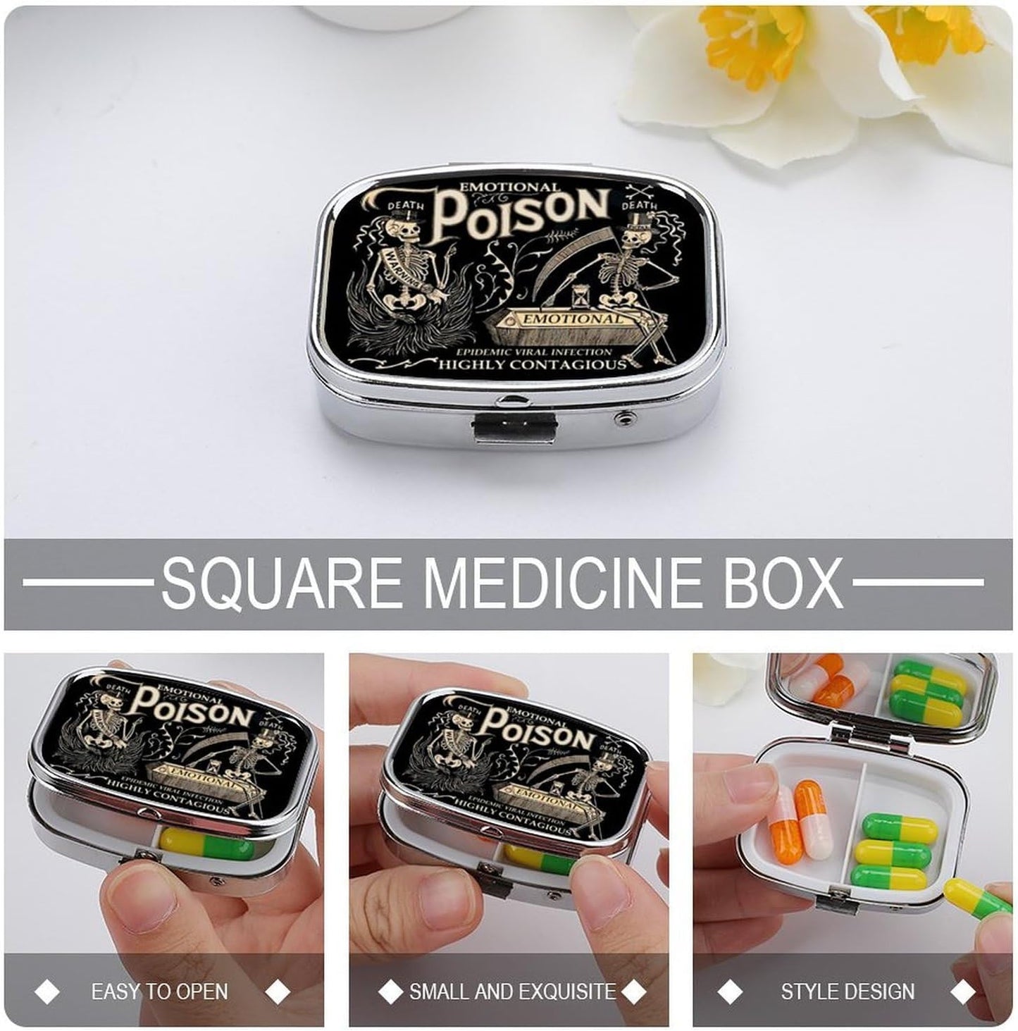 Metal 2 Compartment Pill Organizer Travel Friendly Portable Compact Pill Box Cute Pill Case to Hold Vitamins,Fish Oil,Supplements,Meds,Tablet for Purse,Pocket. (Black Background)