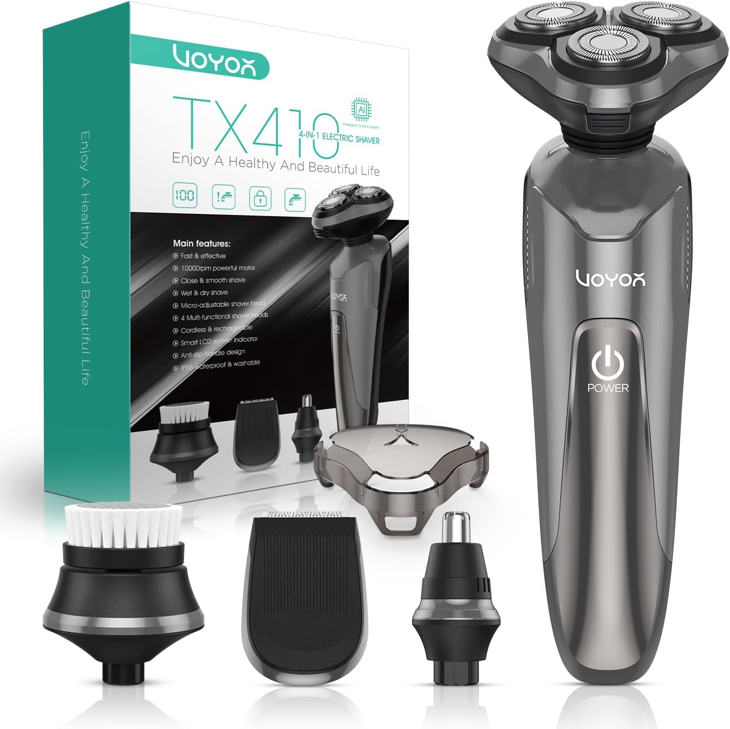 VOYOR Electric Razor for Men Cordless Shavers for Shaving with face sideburn Nose Ear Hair Rechargeable Wet Dry Waterproof TX410 New (New Version-Grey)