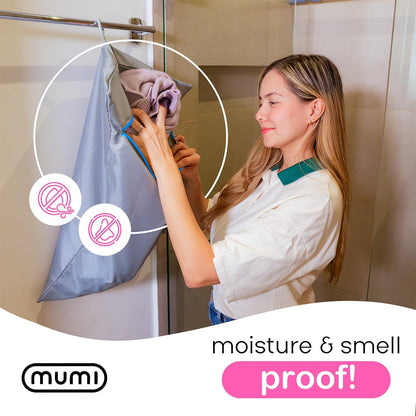 MUMI Travel Laundry Bag – Moisture & Smell-Proof Wash Bag with Folding Hanger & Outer Pouch | Large Washable Bags for Suitcase, Gym & Packing | Clothes Organizer for Trips & Storage - Black
