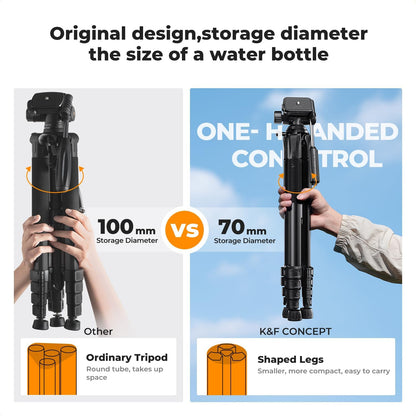 K&F Concept Camera Tripod, 75" Lightweight Portable Travel Outdoor DSLR Tripods for Camera Phone Video Recording Tripod Stand, Cellphone Clip for Smartphone Live Streaming Vlog, Black