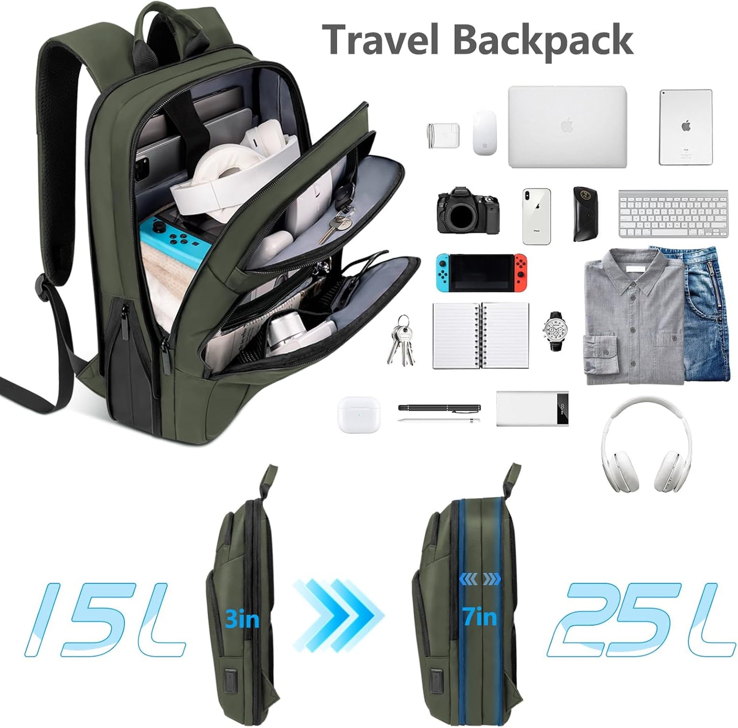 Backpack for Men Slim & Expandable Travel Laptop Backpack with USB Charging Port Water Resistant Anti-Theft Business Backpack Fits 15.6 Inch Laptop for Commute Work College with Small Bag(Olive Green)