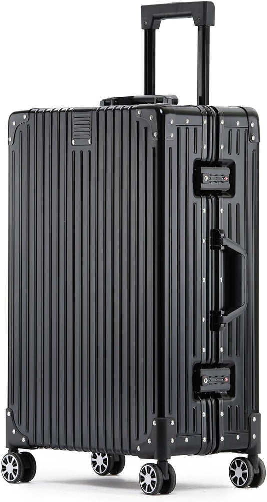 Metal All Aluminum Carry-on Luggage TSA Customs Lock Zipperless Silent Rotary Wheel Business Suitcase Aluminum Frame Set (black, 24 '')