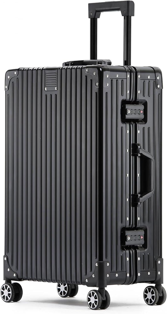 Metal All Aluminum Carry-on Luggage TSA Customs Lock Zipperless Silent Rotary Wheel Business Suitcase Aluminum Frame Set (black, 28 '')