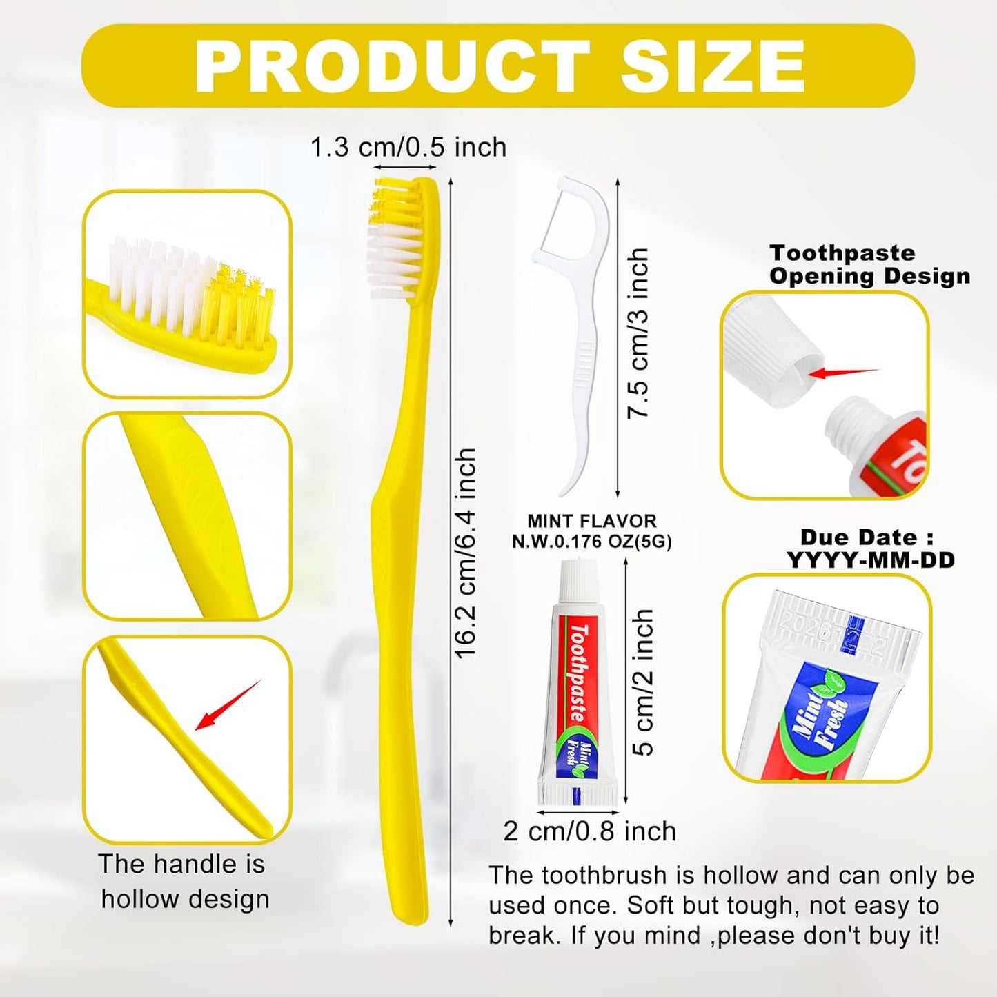 100pcs Disposable Toothbrushes with Toothpaste and Floss,Yellow Bulk Single Use Toothbrush Floss Pick Individually Wrapped Disposable Travel Toothbrushes Kit for Homeless,Airbnb,Hotel,Guest