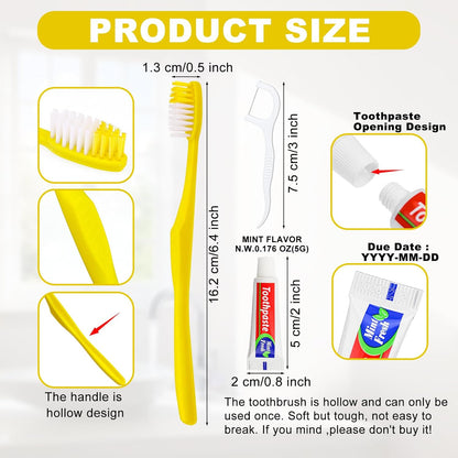 100pcs Disposable Toothbrushes with Toothpaste and Floss,Yellow Bulk Single Use Toothbrush Floss Pick Individually Wrapped Disposable Travel Toothbrushes Kit for Homeless,Airbnb,Hotel,Guest