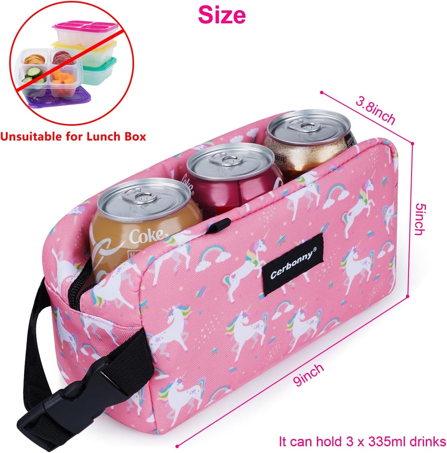 Cerbonny Small Insulated Cooler Bag (Pink Unicorn), 2.2L Meal Holder for Work, School, Travel, Picnic - Freezable Lunch Bag with Detachable Gel Packs, Fits Yogurt, Snacks, Breast Milk