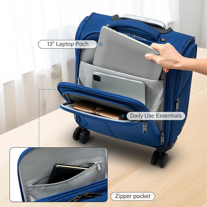 16 Inch Underseat Carry On Luggage with Wheels Softside Small Suitcases Personal Item Bag with Pocket Travel Luggage for Men Women Business Overnight Bag(Blue)