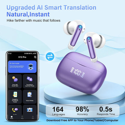 AI Translation Earbuds Real Time with Audio and Video Calls, 164 Language/7 Translation Modes Translator Earbuds Bluetooth 5.4 with APP, 48H AI Ear Buds Translator Device for Business/Learning/Travel