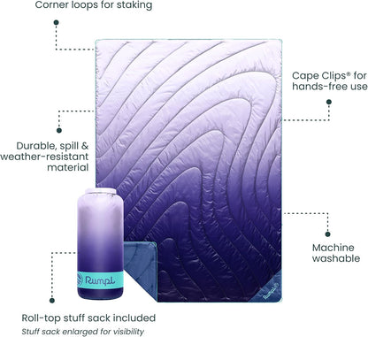 Rumpl Original Puffy Blanket - Warm, Water-Resistant Camping Blanket with 100% Recycled Synthetic Insulation, 52"x75", Original Puffy V2, Lavender Fade