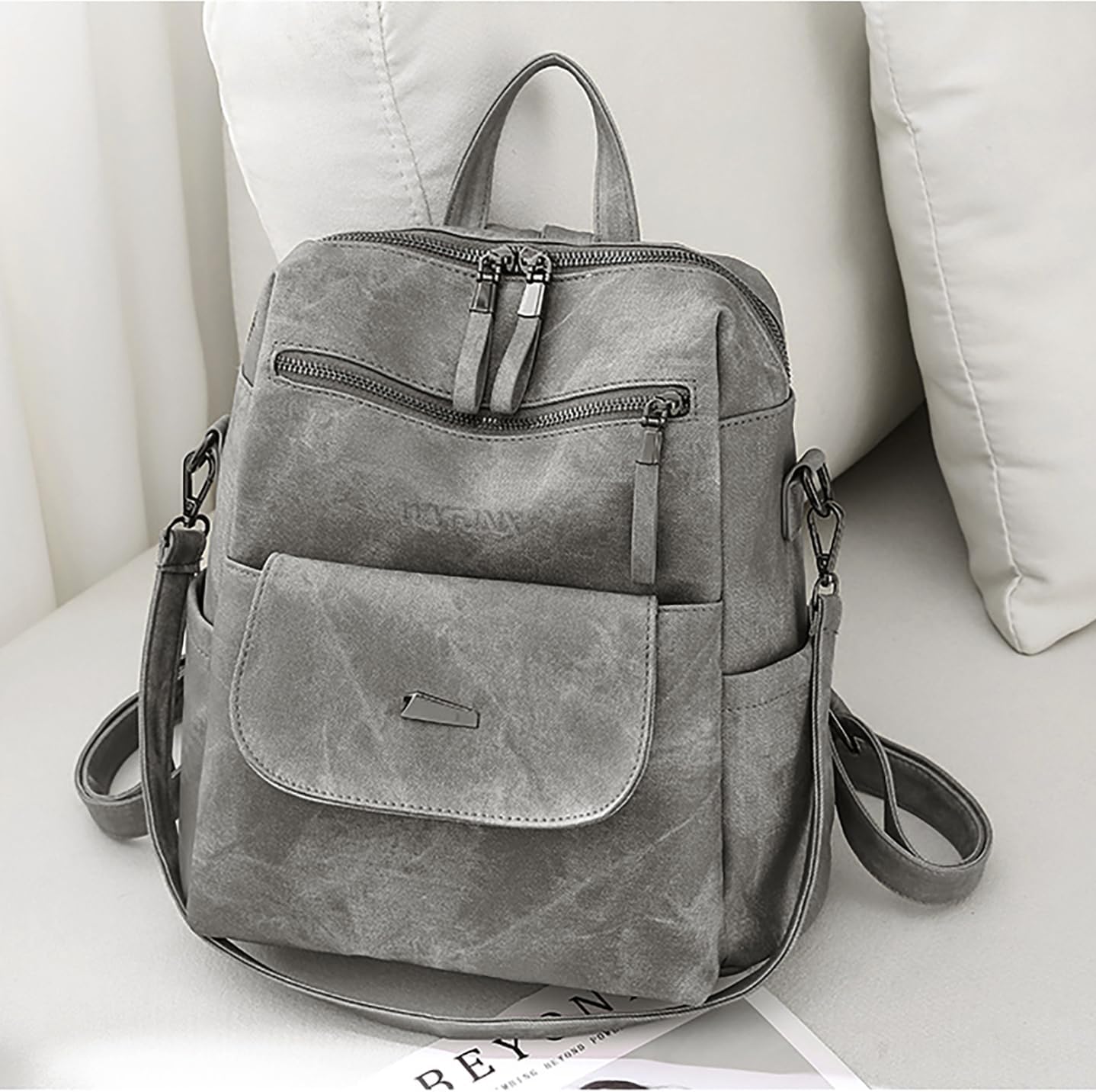 PU Leather Backpack Purse for Women Fashion Multipurpose Design Handbag Ladies Shoulder Bags Travel Backpack Grey